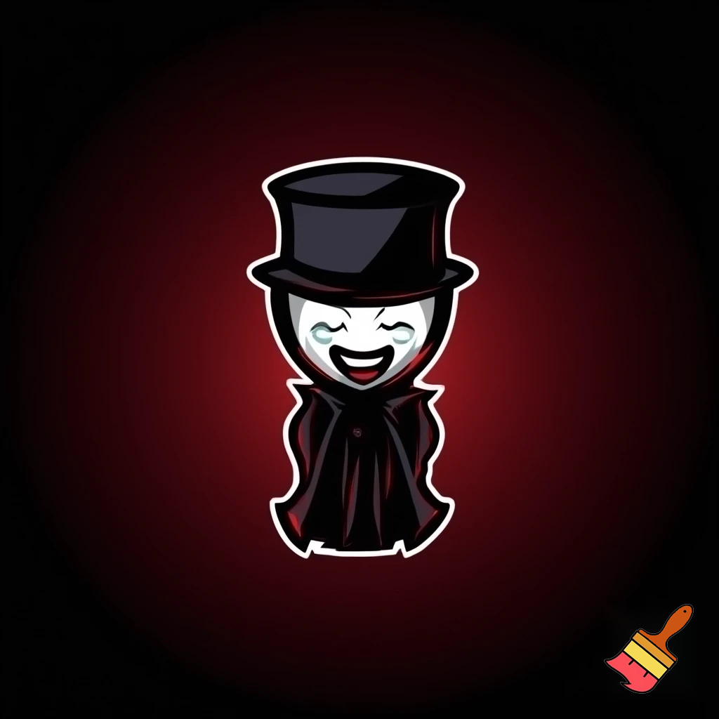 horror mascot icon of a mysterious shadow-like gentleman.
A dark humanoid figure made of living shadows, emitting subtle glowing red particles.
He wears a short black top hat and an elegant dark coat.
His face is covered by a white theatrical mask showing both a laughing and crying expression at the same time, with fully white, painted eyes and white tears dripping down.
The character has a small chibi body with a large head, elegant posture, refined and classy appearance.
Dark horror illustration style with sharp, expressive lines, deep blacks and grays, high contrast lighting, and vivid red glowing particles.
Cute but unsettling, elegant yet sinister.
Minimal background, dark vignette, centered composition.
High detail, clean silhouette, perfect for a brand mascot icon.