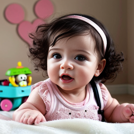 make a 1-year-old baby girl white and black mixed with brown curly hair in a pink baby room