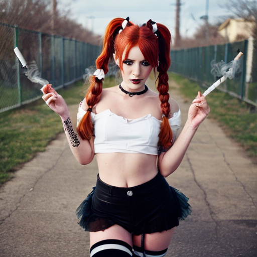 Disney style Tinkerbell, punk rock, thigh high socks black white striped, barbed wire wings, smoking a cigarette , 2 pigtails top of head, red hair 