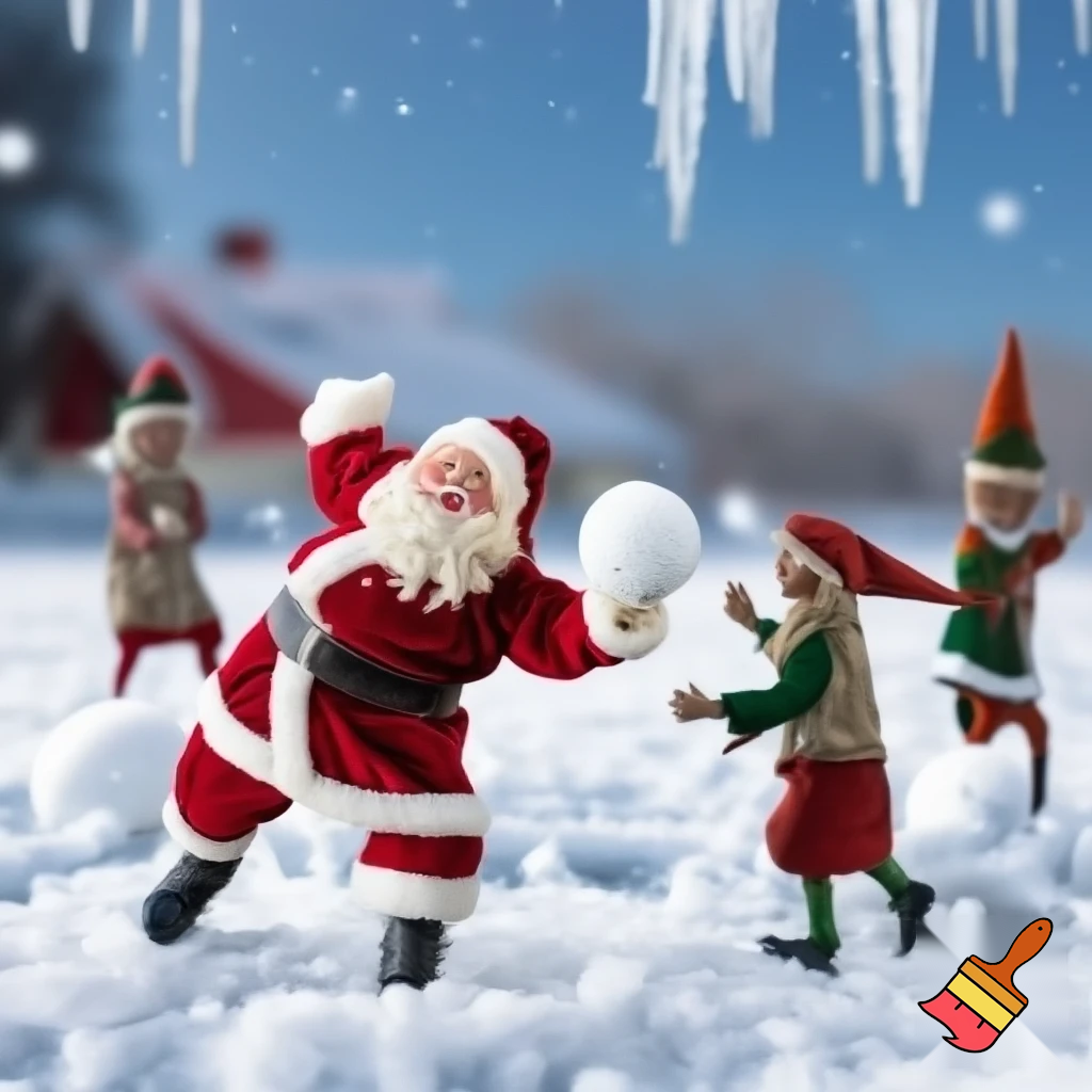 Santa Claus plays snowballs with the elves.
The landscape is that of the North Pole, with Santa's house visible in the distance.