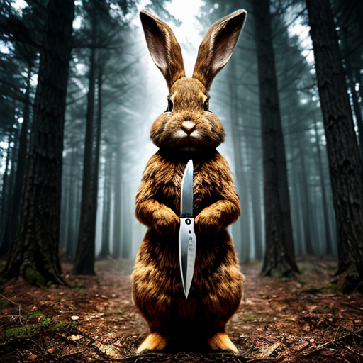 European rabbit, holding knife, dark forest, evil,