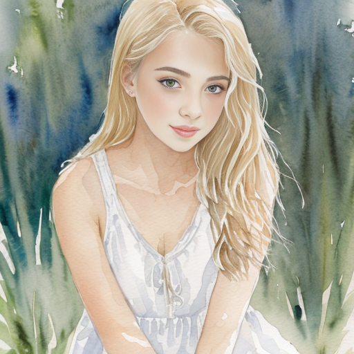  anime teenage girl with a long white dress down to her ankles, blonde hair and grey eyes

