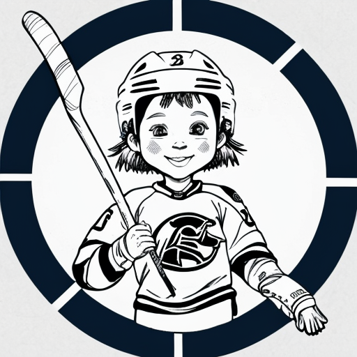 coloring page of a female kid with shoulder length hair, wearing hockey gear, holding a straight stick no bottom blade, just a straight stick that ends at the ice, through a rubber ring, cute, ice rink background, clean line, no fillers
