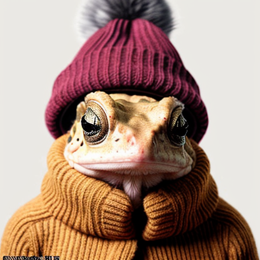 A laughable, puzzled animal toad in woolen, multicoloured winter clothings with woolen winter cap. Hyperrealistic style.