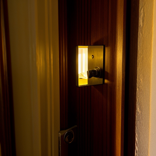 Close-up of room number 213 outside hostel room door, dim corridor light flickering