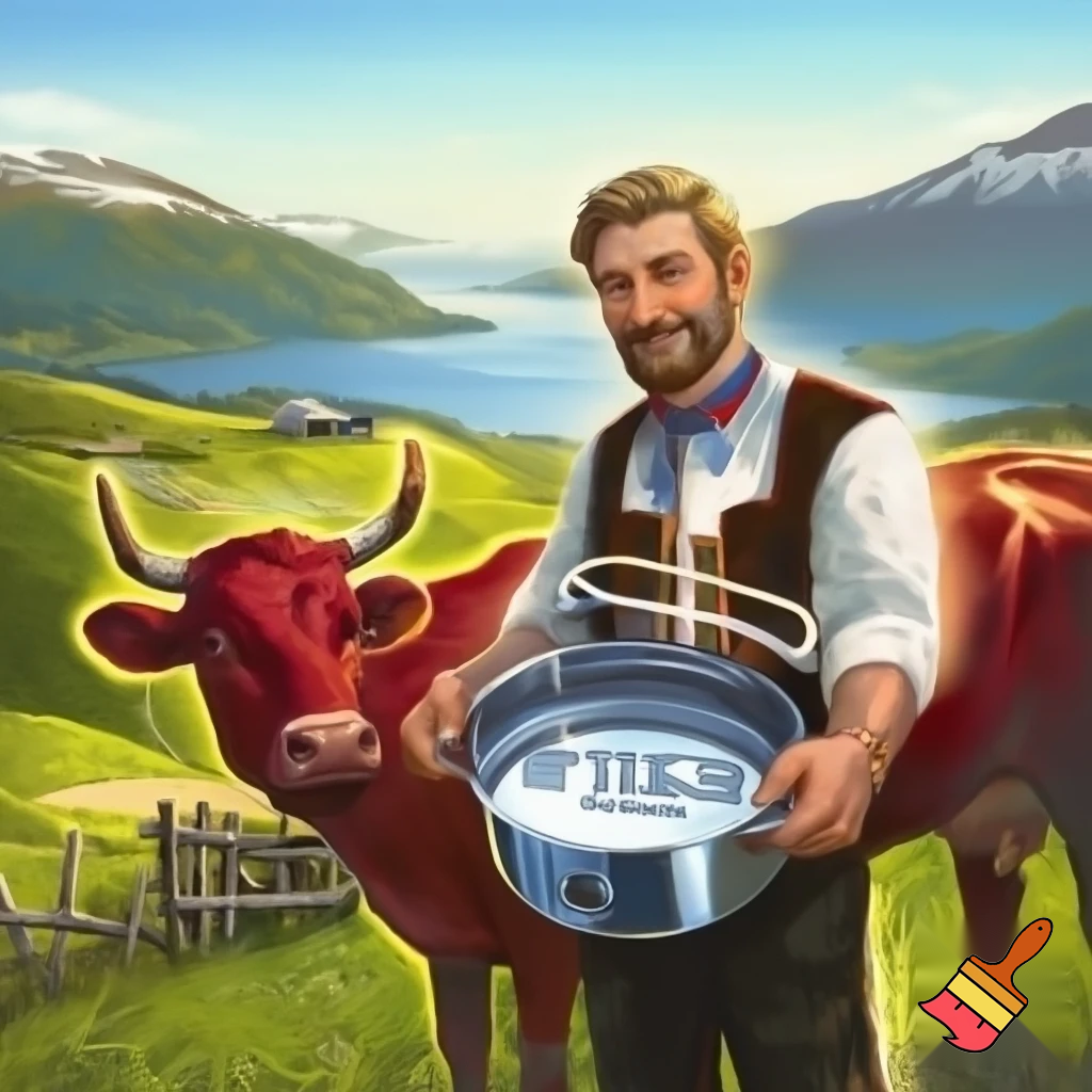 generer et bilde til en reklameplakat, produktet vi skal reklamere for er melkespann laget av vårt firma Nessemaskin. Slagordet vårt er "Litt melk om dagen gjør bra for magen, kjøp vårt melkespann så smiler både mor og mann". Vi vil også få fram at vårt firma er det eneste du kan stole på, spill på nasjonalromantikken og få fram at produktet vårt kan brukes til alt du kan tenke deg, det er bare fantasien som stopper deg. Spill på nasjonalromantikken, ha med kyr, fin norsk natur og en budeie som holder melkespannet
