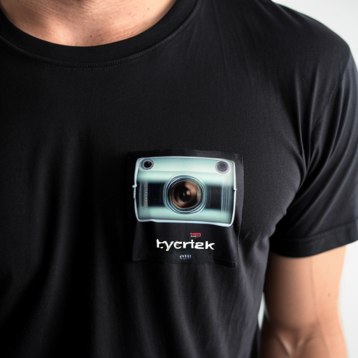 A hyper-realistic close-up macro shot of a man's chest wearing a heavy-gauge black cotton T-shirt. Centrally mounted on the chest is a small, square Insta360 GO Ultra camera. The T-shirt features a sophisticated "Tech-Noir" graphic design consisting of matte black 3D geometric shapes and circular mechanical patterns. The camera’s black lens is perfectly aligned with a circular element in the artwork, making the device appear as a functional sensor or a decorative rivet within the shirt's design. Cinematic side-lighting to emphasize fabric texture and the seamless integration of the device.