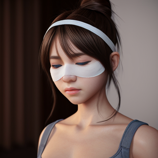 Anime girl with a scrunchie bun wearing a cloth blindfold blinding her