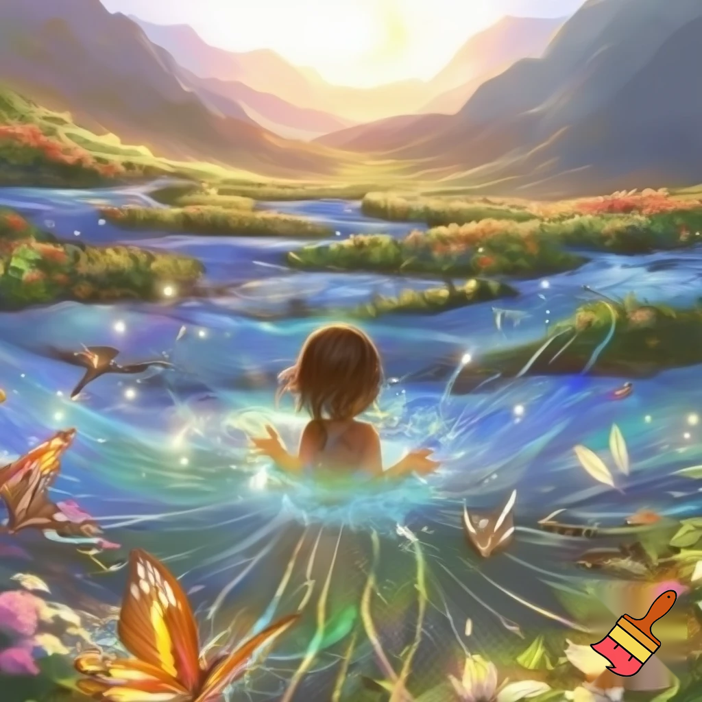 Маленькая девочка сидит возле волшебного ручья, повернувшись спиной вполоборота, набирает воду в ладошки, ручей уходит вдаль до горизонта , горная долина , Всё блестит и сверкает от солнечного цвета, Вокруг красивые цветы, животные , птицы , стрекозы и бабочки