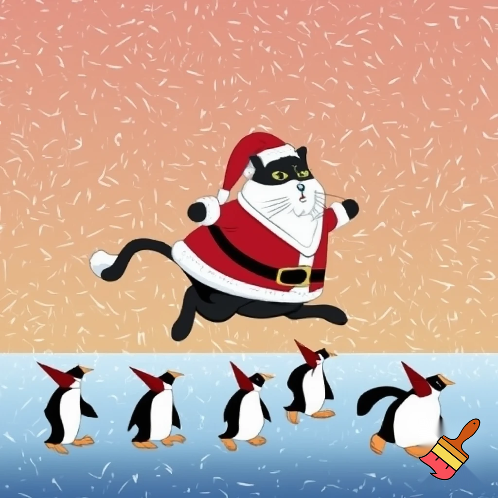Santa clause dressed as a cat riding a raindeer in the north pole and the raindeer is chasing penguins wearing tinfoil hats
