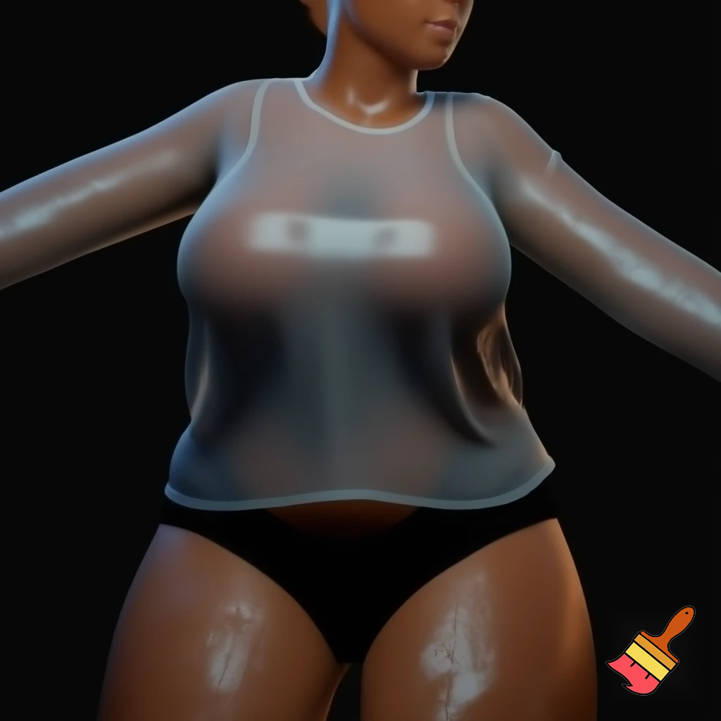 A beautiful, curvy adult woman, wearing a soaking wet, transparent white long-sleeved shirt and tight black shorts, has her hair tied back. Highly detailed and realistic, with a focus on the texture of the wet, translucent fabric and the sweat glistening on her curves. Photorealistic.