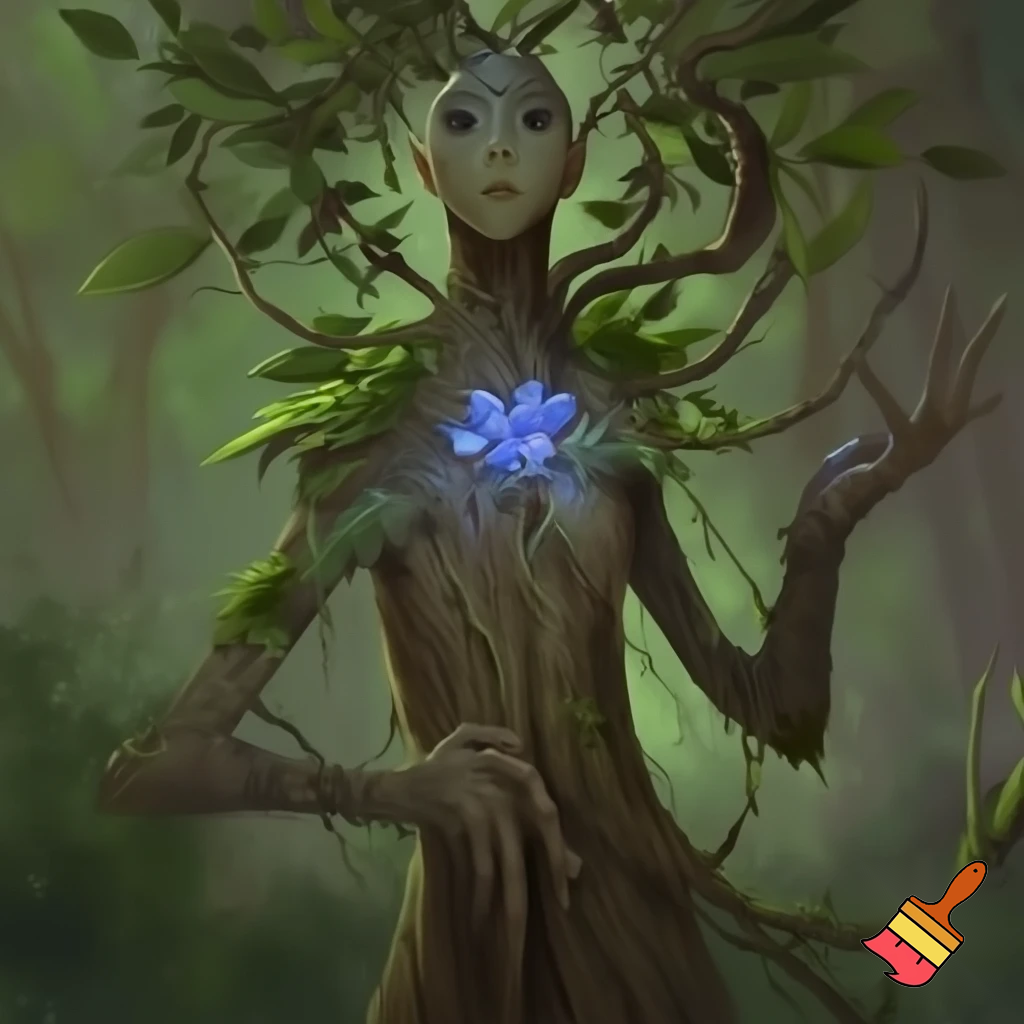 A tall, slender nature-creature made of living bark, flexible branches and shifting leaves that change color with emotion. A glowing blue flower grows on her chest, and her arms extend into long root-like fingers capable of stretching far. Her body has small sprouts, vines and soft moss growing across her shoulders. Her appearance mixes elegance with wild forest energy, calm but strong.