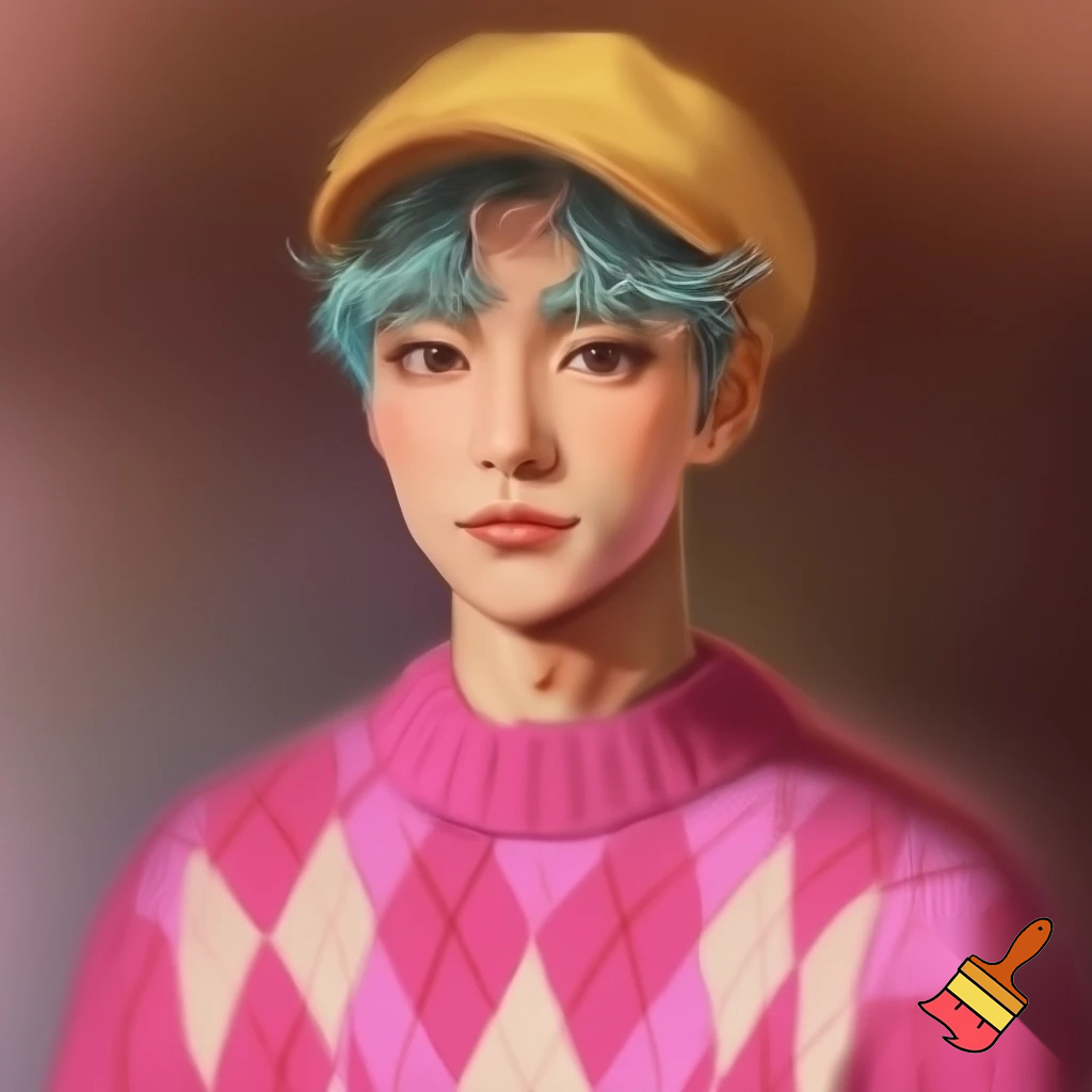 A young man with fluffy, short, blue-gray or turquoise hair and pale skin. Looks to be 24, he wears stylish yellow newsboy cap and pink argyle oversized sweater. 