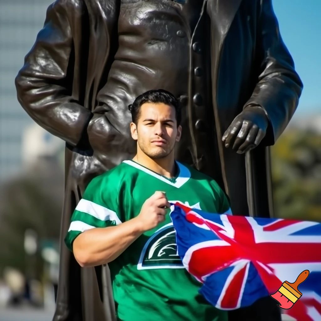 Young male, athletic build wearing Sask Roughrider jersey.  He's holding a union jack flag and standing in front of a statue of Winston Churchill.