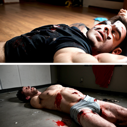 shirtless random man (neighbor, not everyone has 6 pack.), face are hiding by shirt, died already, chest are open wounded circle, blood everywhere, eye closed, floor (on random place like empty place) on corpse body.