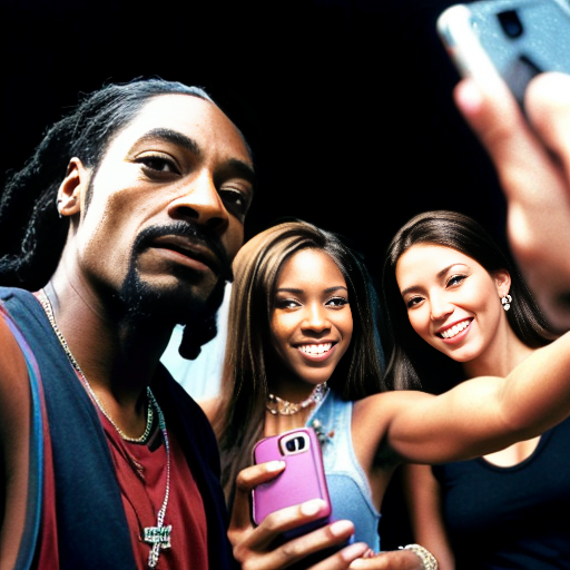 Snoop dogg taking a selfie with friends. 1990s color photo. 