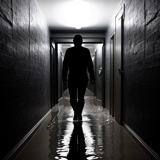 A hyper-realistic liminal space horror scene. A towering, multi-legged shadow entity with a giant, toothy vertical mouth stands in a claustrophobic corridor. The walls are lined with glowing purple fluorescent lights reflecting off a wet, slimy checkered floor. Body horror, analog horror aesthetic, high detail, scary, dark photography.