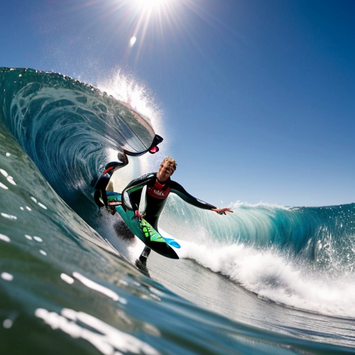 An male and an Female surfer on an single big wave surfing, the water is clear 