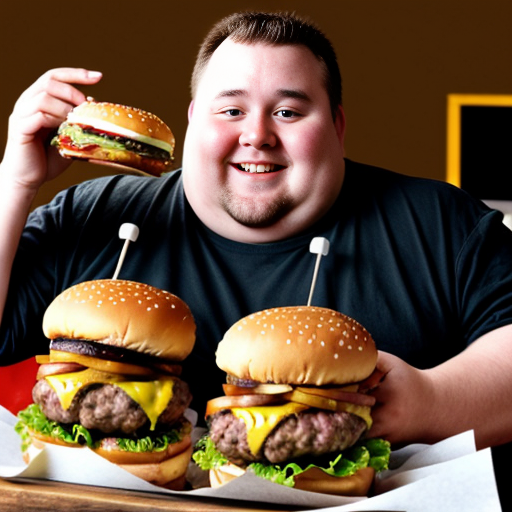 fat guy eating loads of burgers