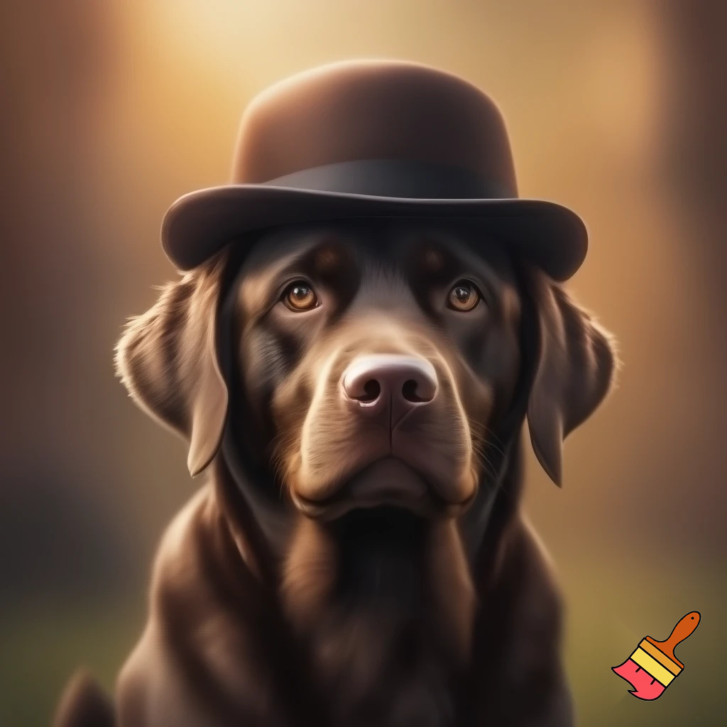 an image of a chocolate lab wearing a bowler hat
