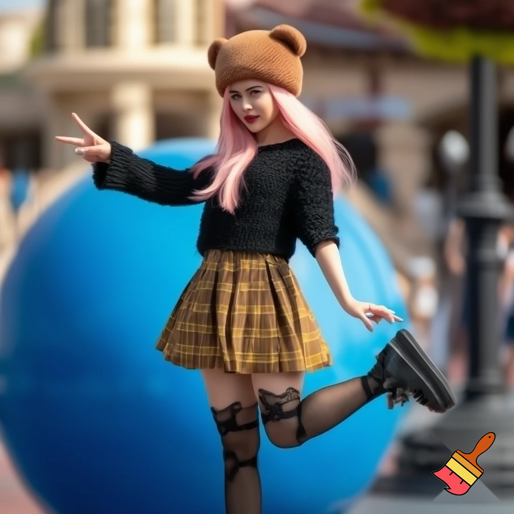 A young woman with long light pink hair, wearing a brown teddy bear hat, a black knitted sweater, a brown-yellow plaid pleated short skirt, black lace suspender stockings, and black platform loafers; standing in front of the iconic blue big ball of Universal Studios, standing on one leg with the other leg bent and lifted, making a peace sign with one hand and stretching the other hand. The background includes park buildings and pedestrians, with a lively, fashionable, and amusement park atmosphere.