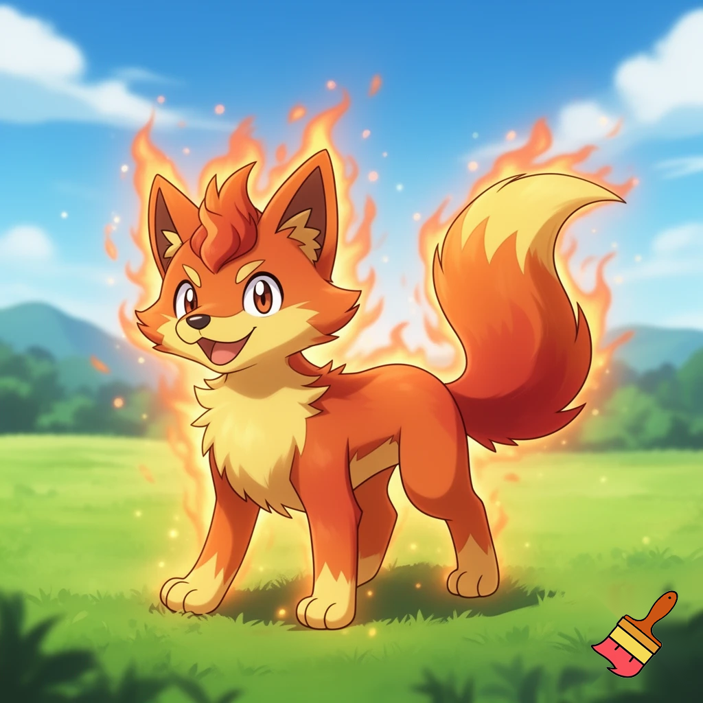 anime pokemon digimon style orange red and yellow wolf rookie cute tails prower semi rubberhose body one being in image
