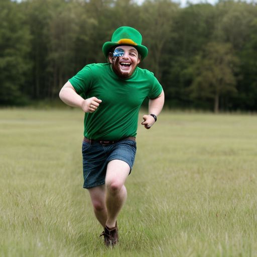 leprechaun running through grass laughing hysterically