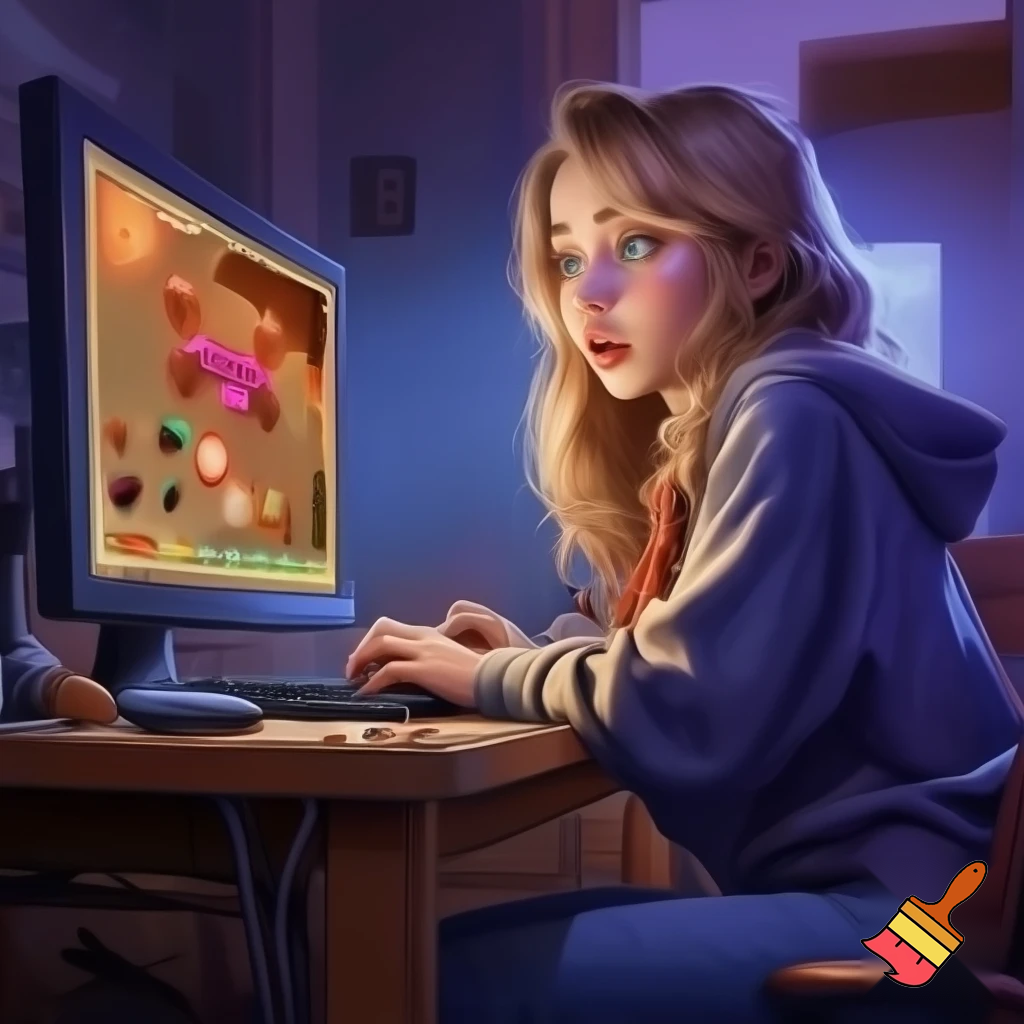 Sabrina carpenter playing five nights at Freddy's. She is at her desktop playing the game