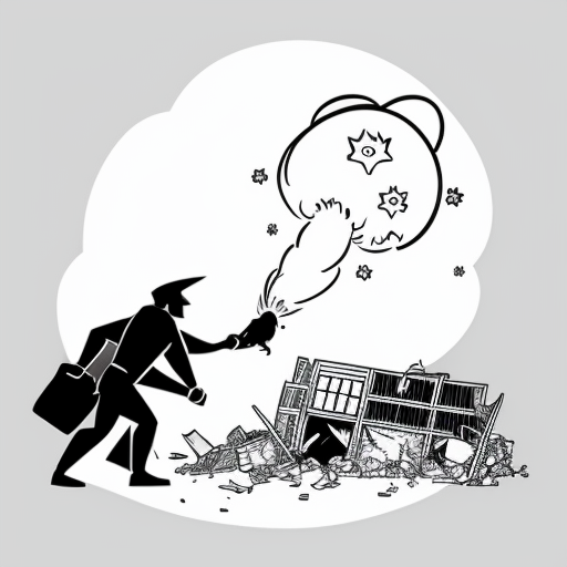 a super hero saving a dog from a bomb explotion. show a destroyed city in the baground up in flames 
