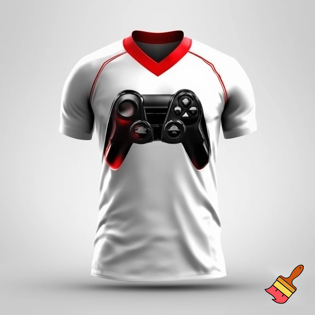 Una maglia da calcio bianca con alcuni dettagli rossi come il colletto alto e disegnato al centro di una maglia un controller nero con dettagli rossi