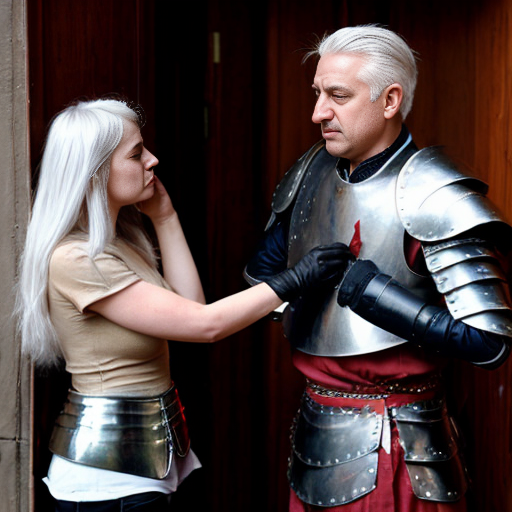 young, tall, white-haired woman in armor is sad because a Turkish man stole her knife.