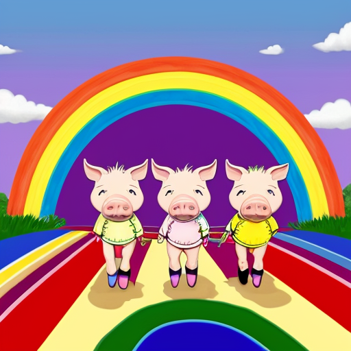 3 pigs who are roomates are walking on a rainbow bridge that oepens up to candy land
