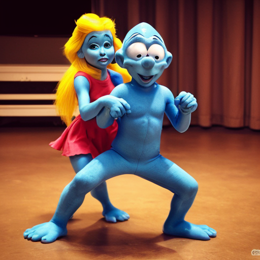 Show me a picture of Smurf and Smurfette dancing together.