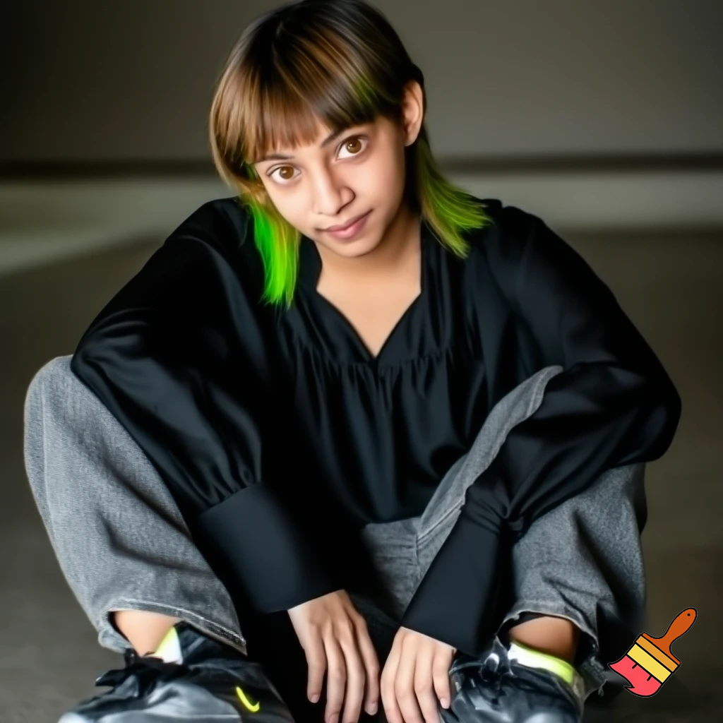 wygeneruj moją podobiznę 186 wzrostu włosy na krótszy modern mullet grzywka delikatnię w górę moje buty nike shox szare baggy jeansy czrna luzna bluza wyrazista szczęka i oczy brązowo zielone kolor włosów brązowe mam 17 lat