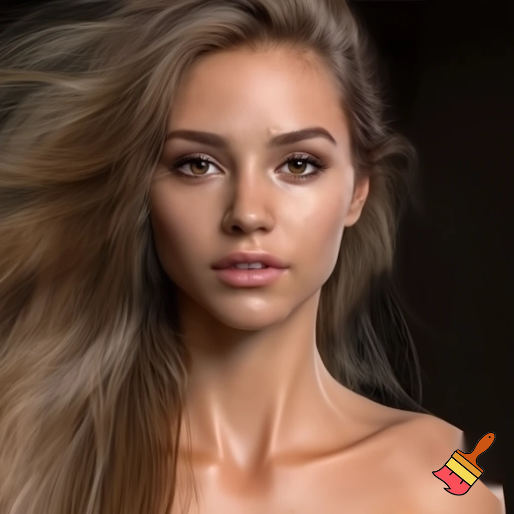Photorealistic full body picture of a woman, approximately 22 years old, with long legs and athletic figure. She has long, naturally flowing light brown blonde hair, oval face, almond-shaped brown eyes, average eye spacing, slim straight nose, naturally full lips, soft facial features, harmonious proportion and delicate, harmonious facial features. Her overall presence is confident, natural, and modern.  Natural daylight. Topless and black jeans. nipple piercing,