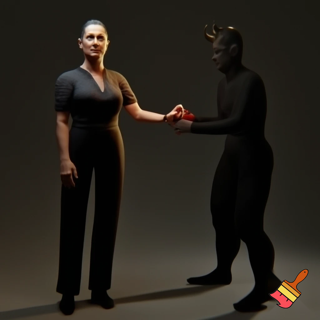 claudia sheinbaum holding hands with the devil and smiling, full body, 