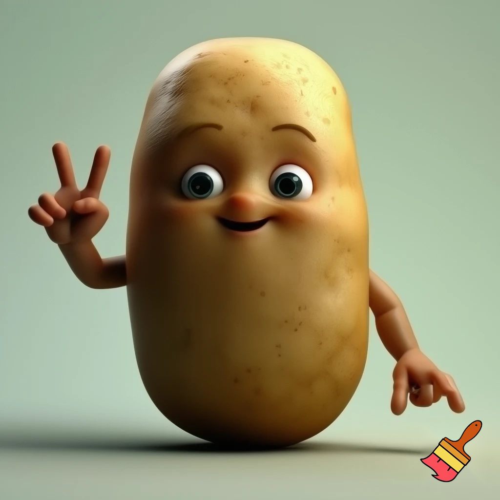 a cute potato having eyes and hands saying cheese
