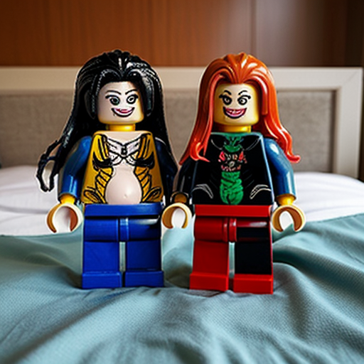 Pregnant Lego minifigures of Harley Quinn and poison ivy on a bed together 
