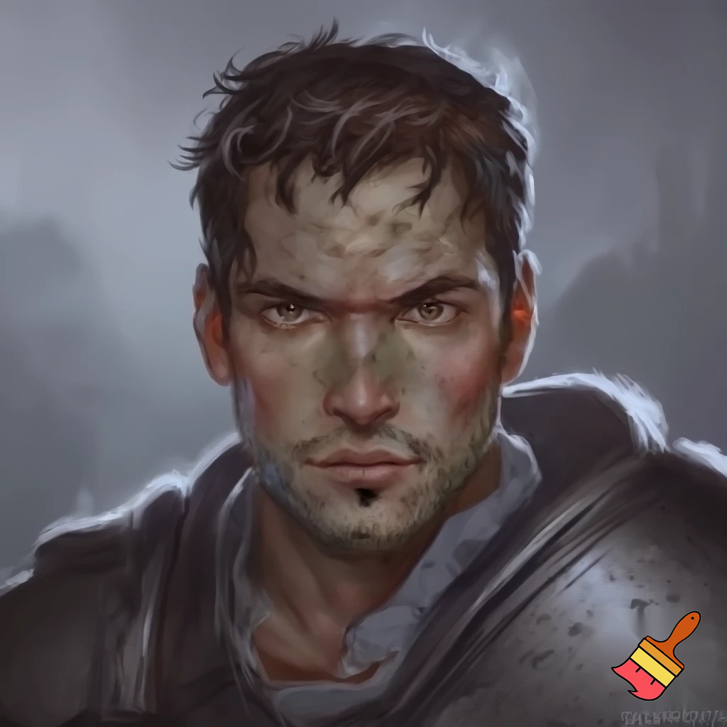 HANDSOME YOUNG MAN
 Age: 24 years old (at the beginning of the story) 

Appearance: 

Height/Build: Tall (about 190cm), athletic, powerful build bearing the marks of constant training and heavy armor. 

Hair: Dark brown, almost black, cropped short, but with an unruly strand falling over the forehead. There are the first, barely noticeable gray threads on the temples. 

Eyes: Dark brown, almost black. His gaze is heavy, piercing, accustomed to assessing the threat. In rare moments of peace, you can see fatigue and a shadow of the old warmth in them. 

Face: Sculpted, sharp features. A straight nose, a strong chin, thin lips that rarely stretch into a smile. His face is riddled with scars: the most noticeable one is on his jaw. 

Distinctive features: The habit of clenching his jaw in moments of tension; a scar on his jaw; a steely bearing that betrays a military man even without armor.