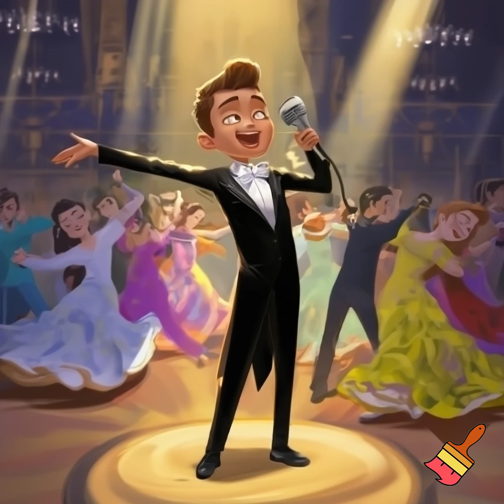 Preteen Boy in Top Hat White Bowtie Black Tailcoat Black Shoes Singing in Microphone on a big Stage. Behind him Ballroom Dance Kid Couples Dancing, the Boys in formal stylish Tailcoats, the Girls in beautiful Ballroom Gowns