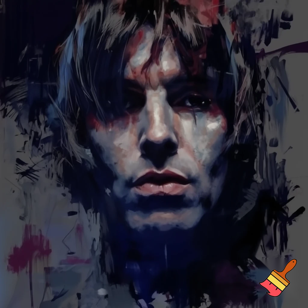 abstract expressionist portrait of Liam Gallagher in dark colours in a splashy free style