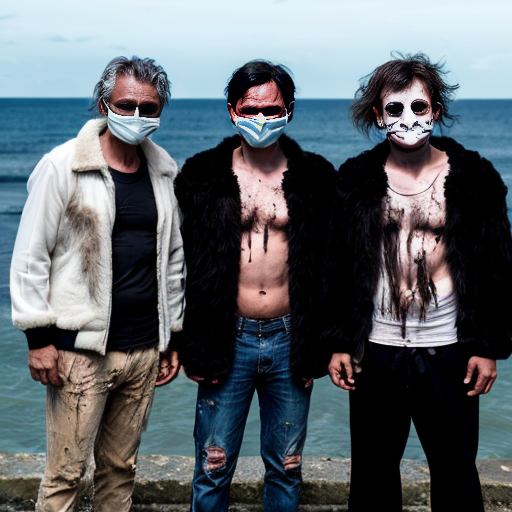 3 witch doctors with long furry black jackets and white face mask with hallow black  eyes and two men dressed with a ripped t-shirt and panse with messy hair next to the sea 