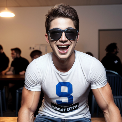 5 Jacked strong lean teen men wearing sunglasses and all of them are wearing white t shirt with dark blue jeans and they are all smiling and laughing in a dark room with party lights on (no one else in the room) (2010s color photo) (realistic photo with a slight shaky effect) and it looks like there is soda on the table. 