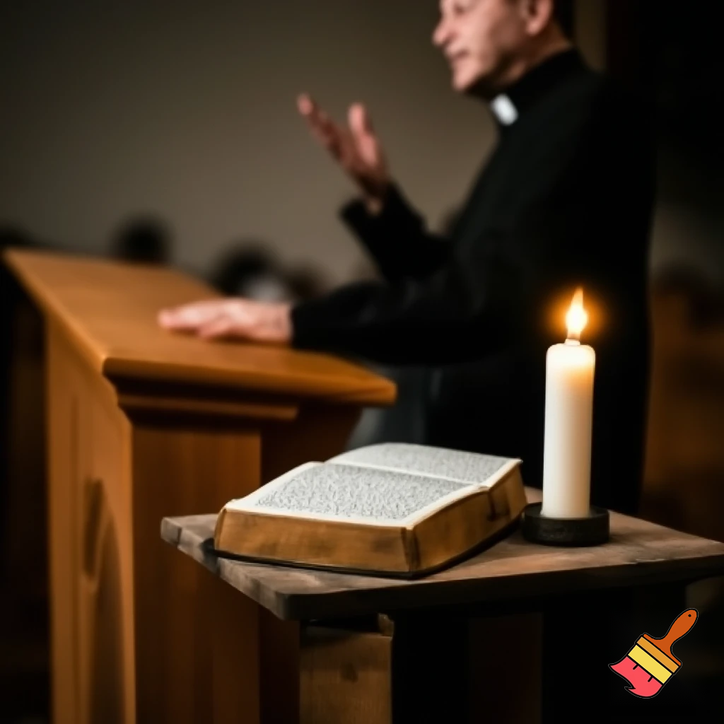 A priest preaching from a pulpit, or a close-up of a Bible open on a table with a candle beside it.