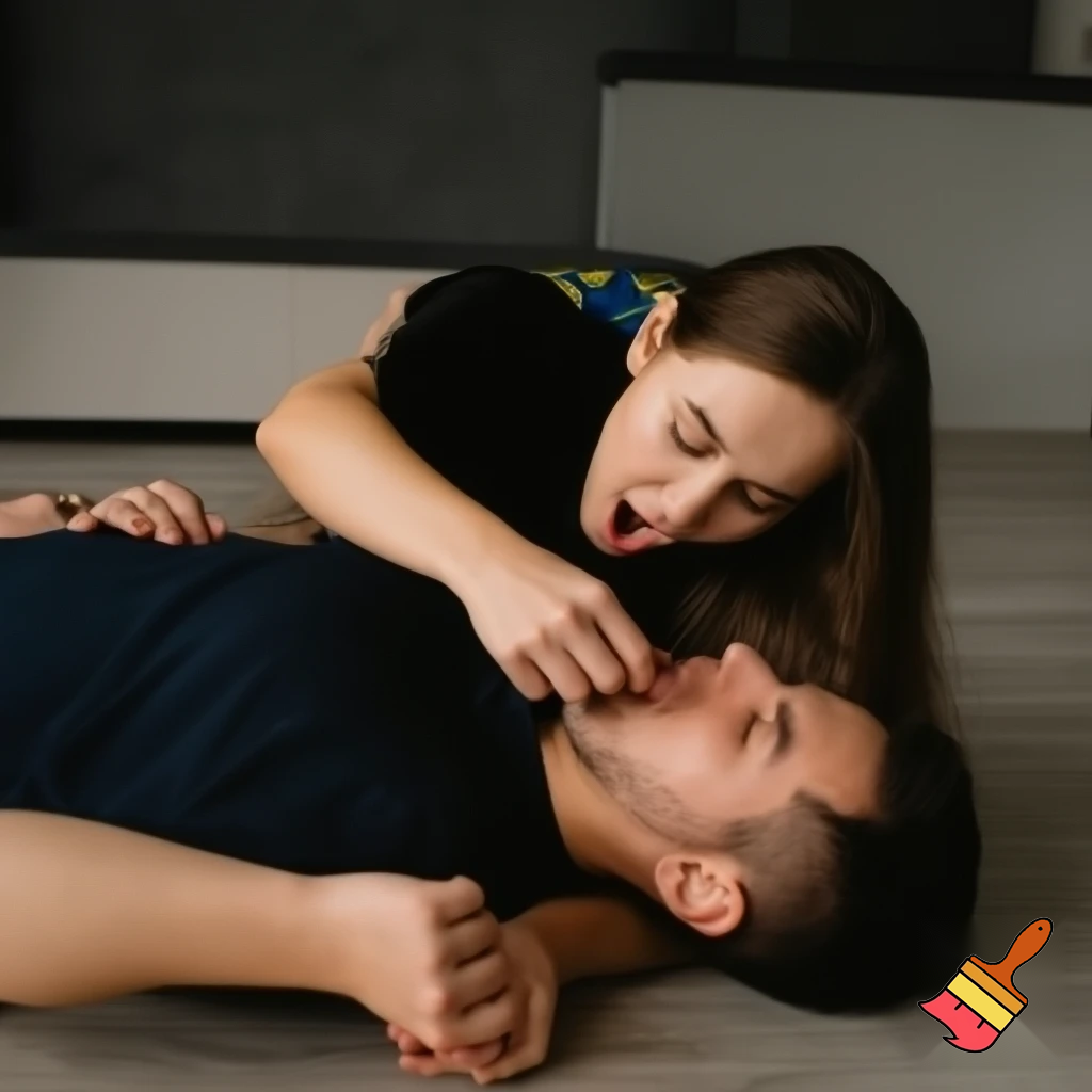                                                                                                  Woman laying on top of man on floor, licking his testicles