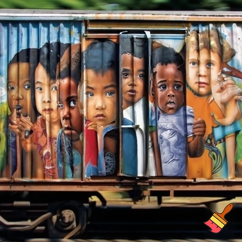 young kids from ethnic diverse backgrounds  side by side not holding hands as a mural on the cargo of a train . Like moving art that shifts as the train moves, kind of like a motion book


