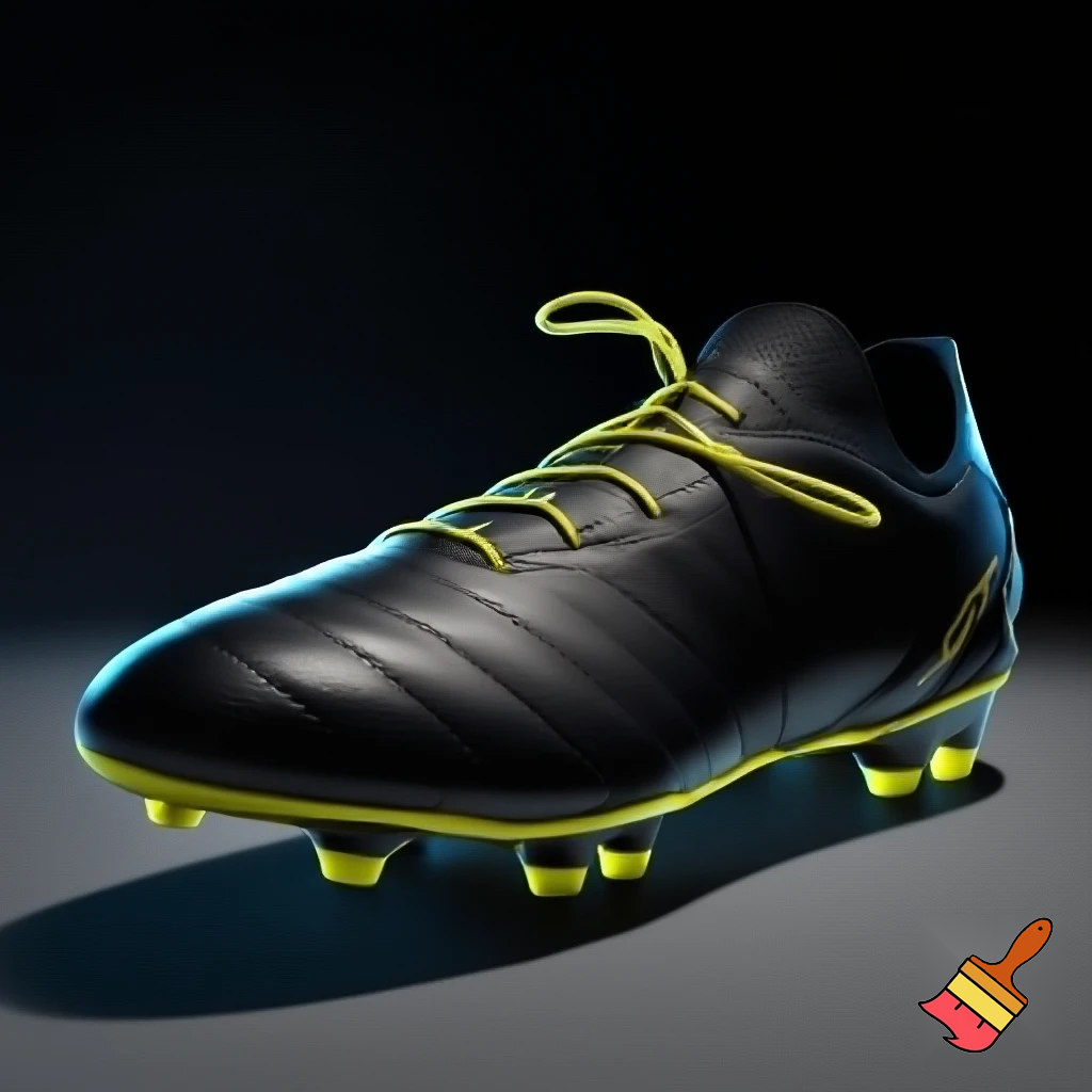 a plain black soccer boot with yellow studs with yellow shoelaces
