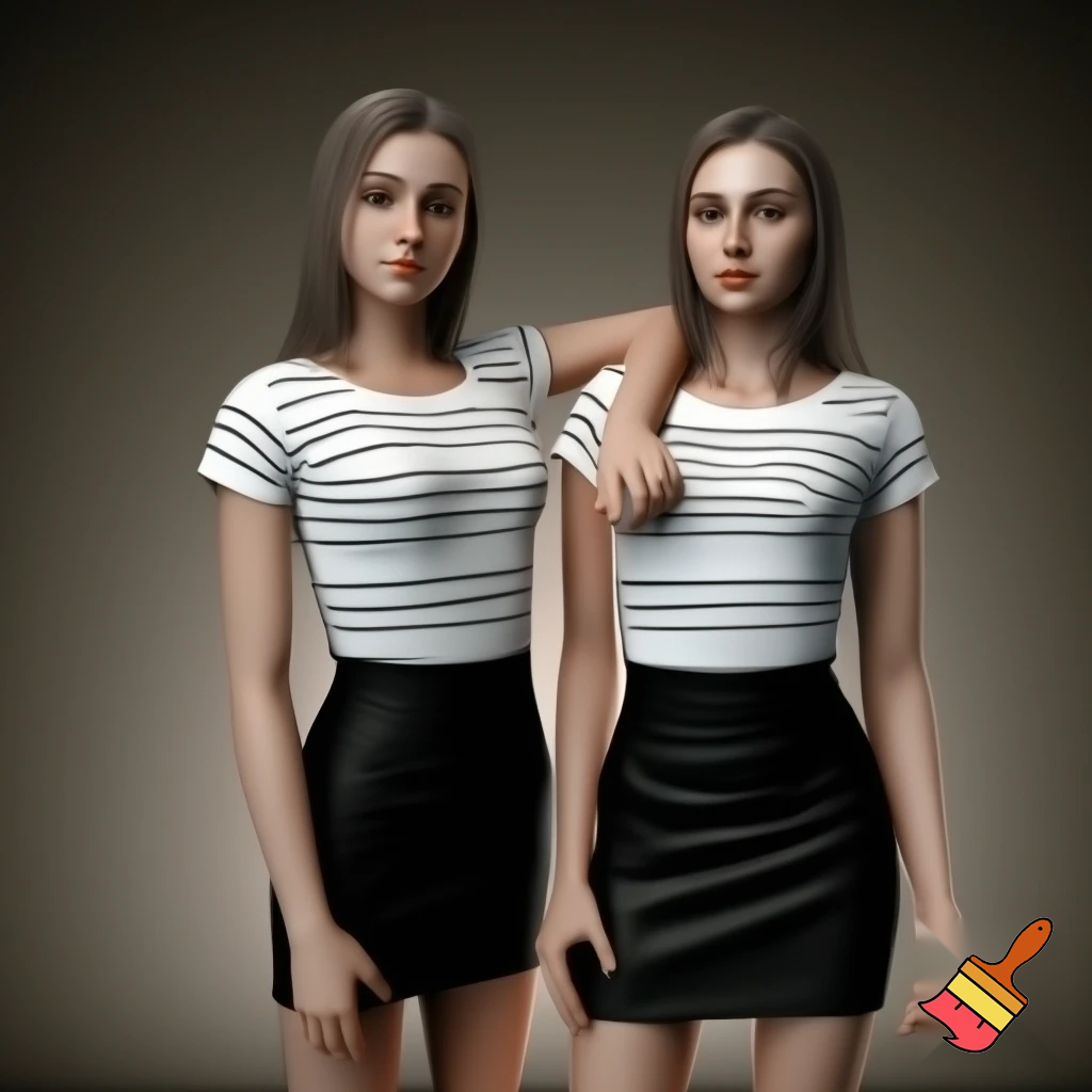 Genera una foto di due giovani donne di 20 anni in camicia bianca scollata e minigonna nera
