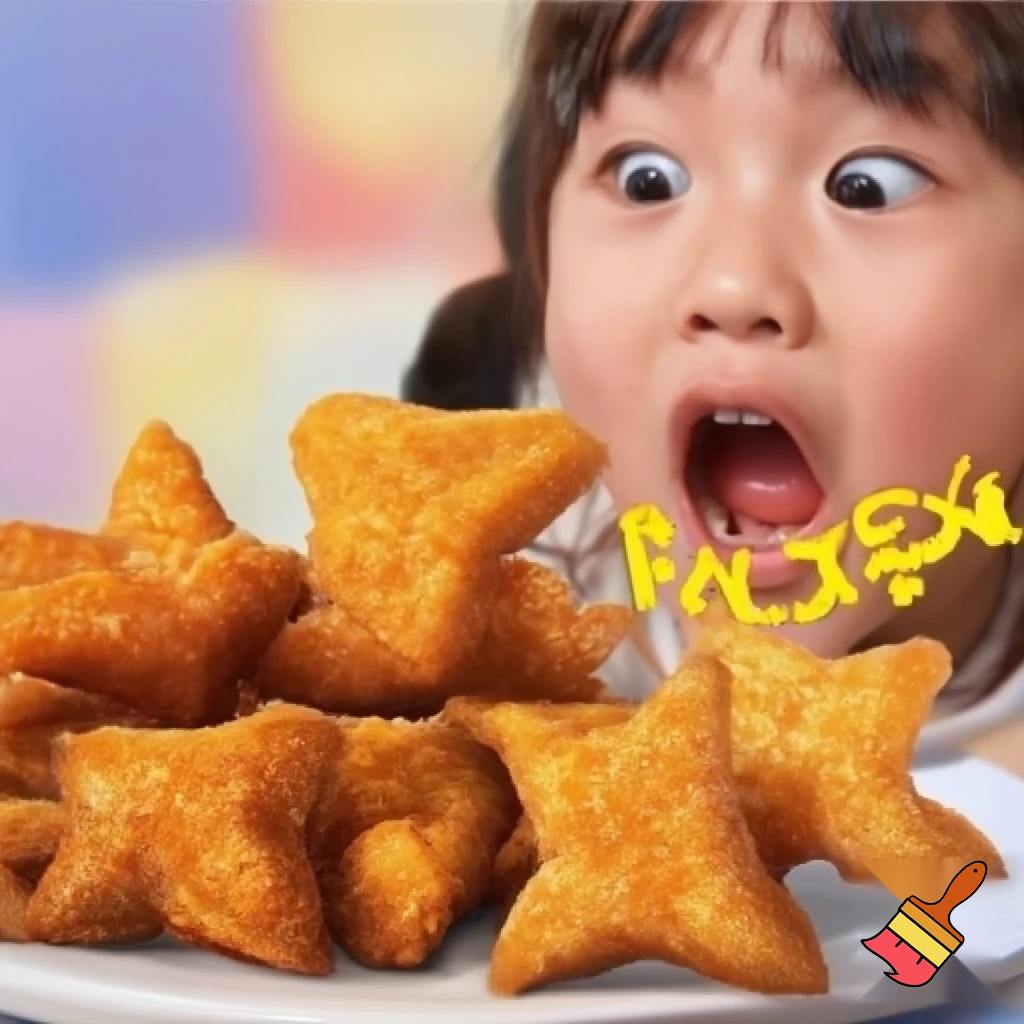 chicken nuggets shaped into stars with a kid screaming the words MANGO MUSTARD