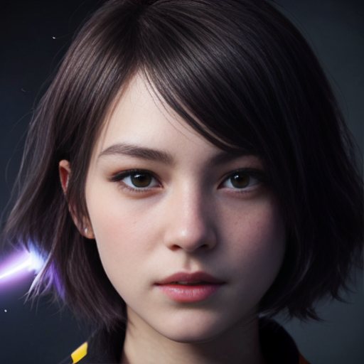 masterpiece, 8K ultra-detailed, corrupted Keqing from Genshin Impact, close-up portrait, light purple short hair, glowing magenta eyes with intricate pupils, glowing lightning veins on forehead and cheeks, pale skin with soft purple hue, dark black intricate outfit with blue gem inlays, dramatic dark purple and orange glowing background, cinematic lighting, soft volumetric light, realistic anime style, delicate facial features, high contrast, sharp focus